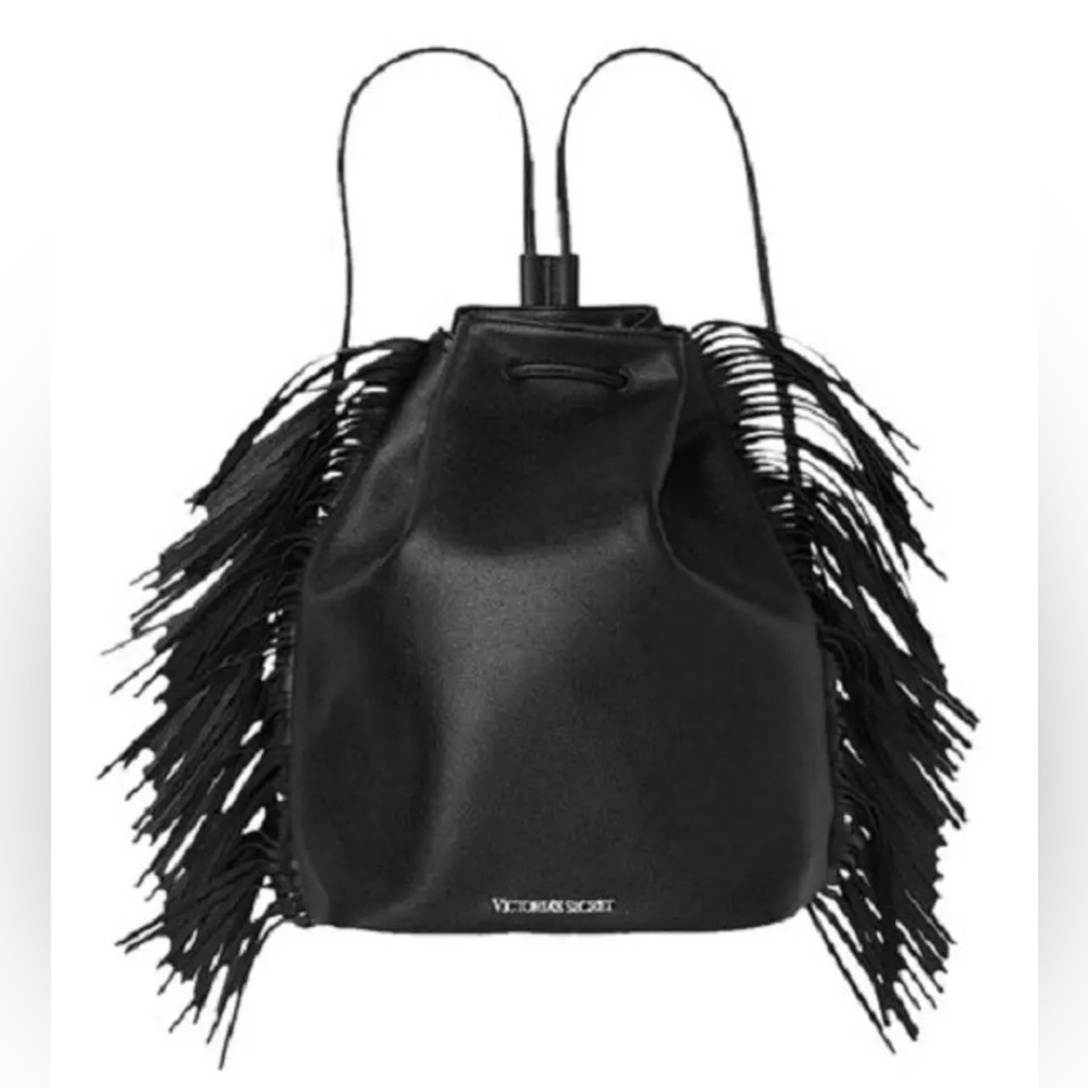 Victorias Secret Fashion Show Backpack Purse Black Faux Vegan Leather Fringe